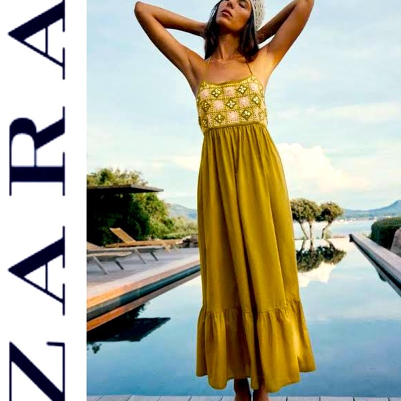 ZARA Mixed Beaded Crochet Lace Dress Halter Backless Khaki Midi-Maxi Dress - Picture 1 of 10